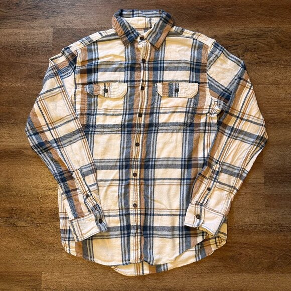 George Casual Button Down Mens Small White & Blue Plaid Rugged Flannel Shirt - Picture 1 of 5